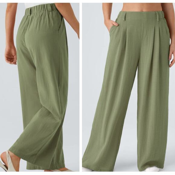 Halara Wide Leg Pants MEDIUM Loden Green Pleated Front 100% Cotton Casual New - Picture 1 of 11